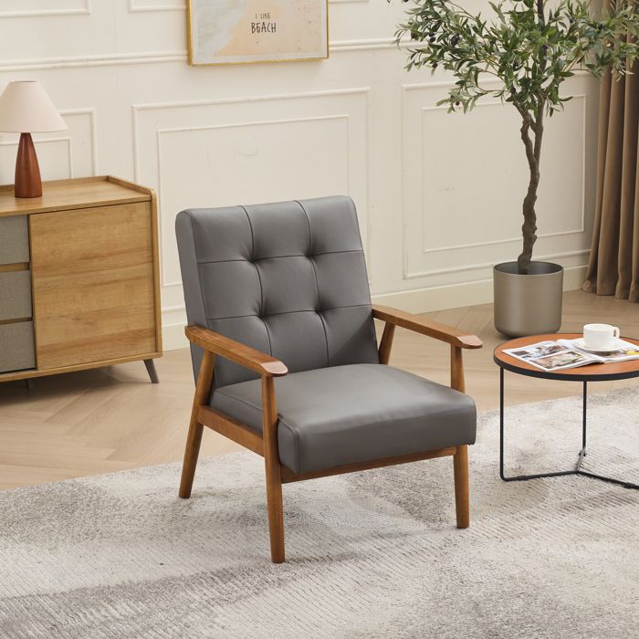 Fauteuil de salon en cuir - Cuir véritable respirant - Accoudoirs confortables - Bois d’hévéa massif - Style scandinave