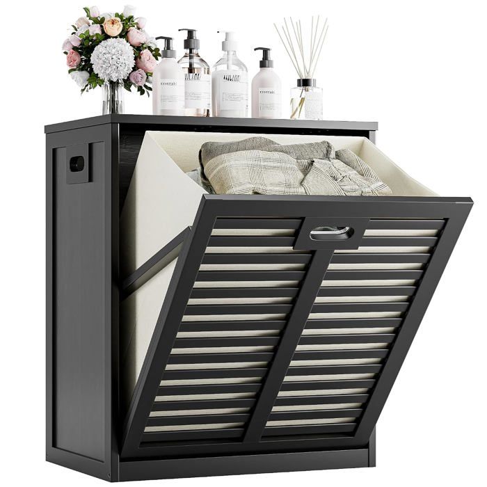 Armoire salle de bain avec panier à linge intégré - bambou et MDF noir 63 L sac amovible façade abattante