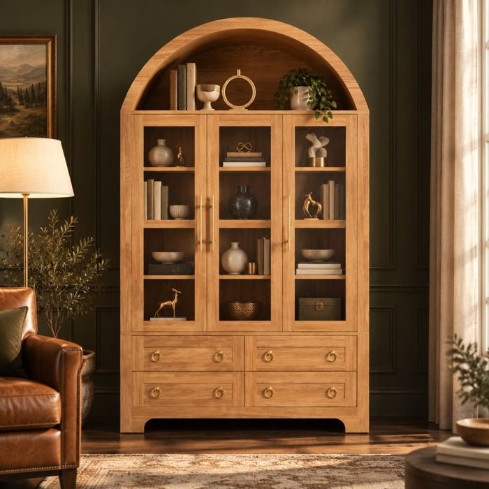 Buffet haut aspect bois naturel à sommet arqué 3 portes vitrées 4 tiroirs et niche ouverte 110 x 40 x 185 cm Buffet haut aspect bois naturel à sommet arqué 3 portes vitrées 4 tiroirs et niche ouverte 110 x 40 x 185 cm