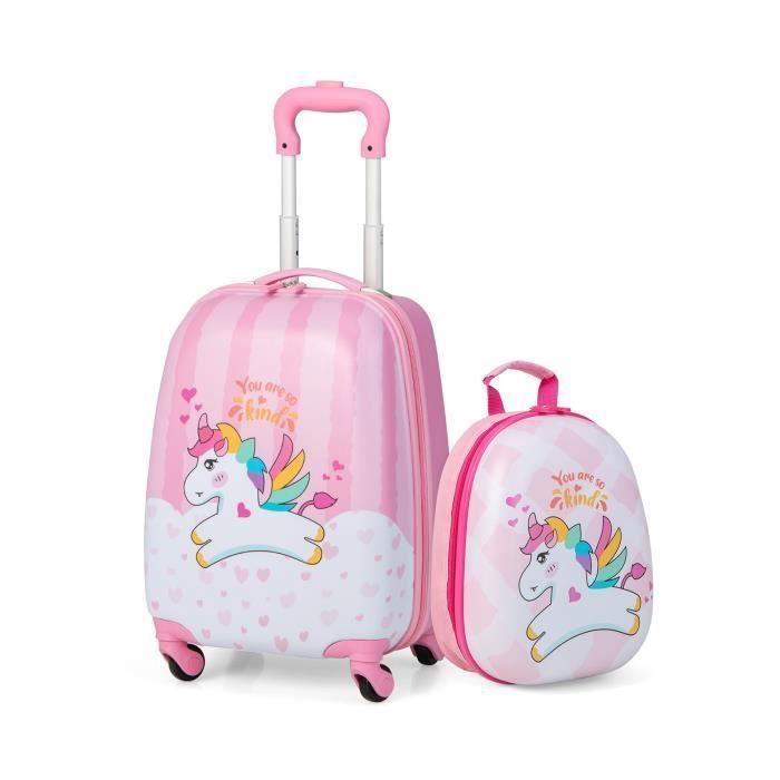 costway valise 16’’ + sac à dos 12’’ bagage à roulettes en rose pour enfants trolley à roulettes avec motif licorne pour filles