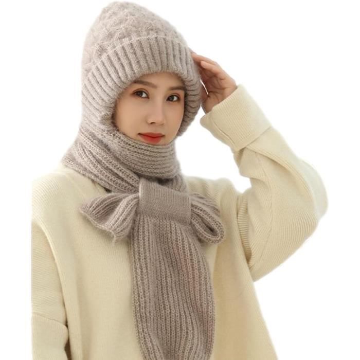 Bonnet d'hiver chaud avec oreilles d'ours mignons pour femme - Chapeau coupe -vent avec oreilles et capuche - Écharpe à capuche 2 en 1 pour femme - Écharpe à capuche pour femme