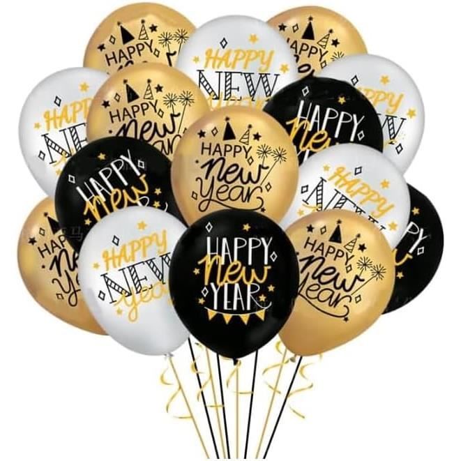 Lot De 15 Ballons Happy New Year 2024 De 30,5 Cm En Latex Noir Et