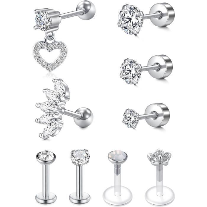 Set De 3 Piercings Pour Oreille / Cartilage / Tragus En Acier