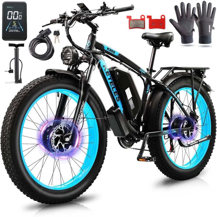 KETELES K800-2000W vélo électrique à double moteur avant et arrière-21 vitesses-batterie Samsung 23AH-pneus tout-terrain 26*4-bleu