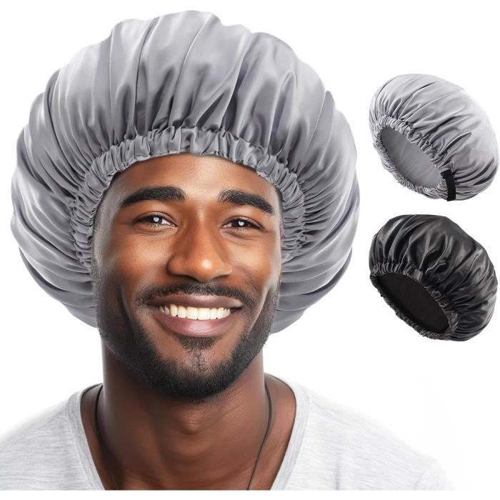 2 Bonnet de Nuit en Satin Homme Bonnet Satin Cheveux Nuit Homme avec Bande Élastique Réglable -Noir Gris