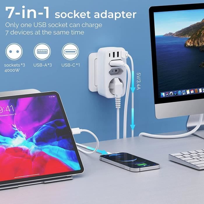 7 En 1 Multiprise Murale, Multiprise Avec 3 Prises Française, Prise Multiple Secteur Avec 1 Type C Et 3 Ports USB, Adaptateur USB Multiprise Cube Pour Domicile, Bureau