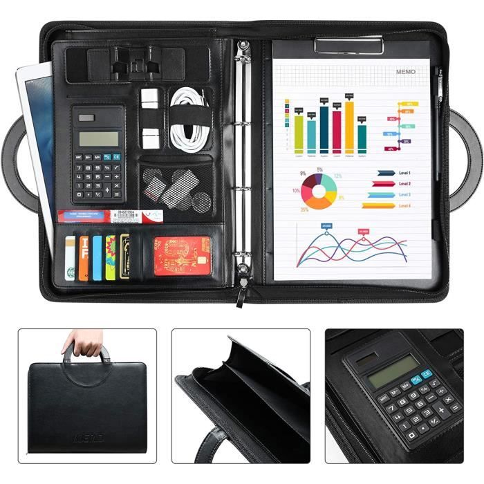 Porte-documents Professionnel A5 Cuir PU - Avec Calculatrice Intégrée - Fermeture éclair - Organiseur Bureau
