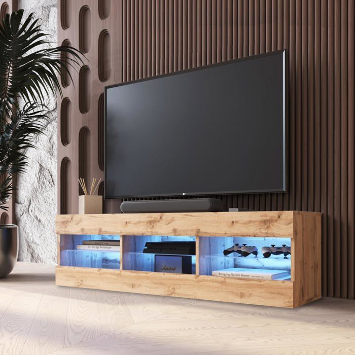 Meuble TV Tivoli RTV Komodee - LED Bleues - Bois Naturel - Facades en Mat - 140 x 41 x 35 cm Meuble TV Tivoli RTV Komodee - LED Bleues - Bois Naturel - Facades en Mat - 140 x 41 x 35 cm