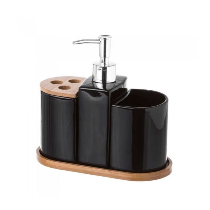 Set Salle De Bain Noir Ceramique Et Bambou Distributeur Savon