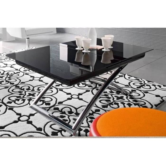 Table basse relevable extensible italienne MAGIC J Glass  en verre noir et piétement en acier chromé noir Metal Inside75