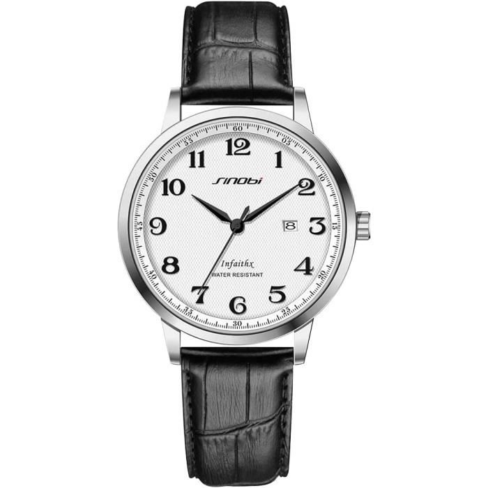 SINOBI Montre Homme Classique Chiffres Arabes - Bracelet Cuir Ou Acier, Calendrier, Résistante à L'Eau