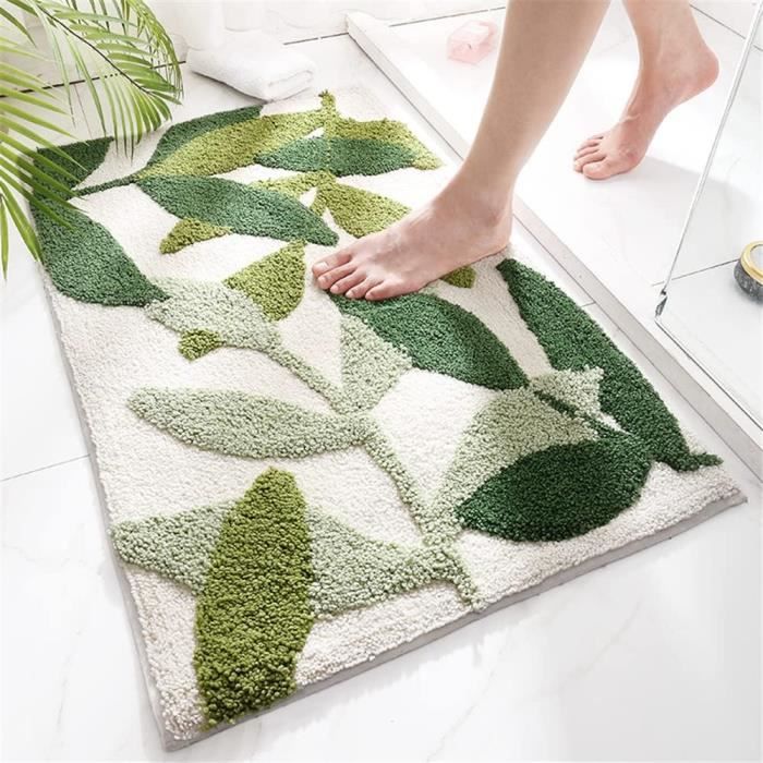 Tapis De Bain Antidérapant Microfibre 60x90 Cm - Doux, Absorbant, Lavable Machine - Motif Vert Déco