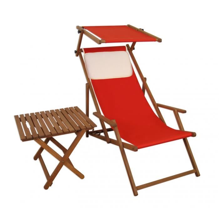 chaise longue de jardin rouge, bain de soleil pliant avec pare-soleil, table, oreiller 10-308stkh