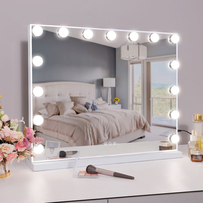 FENCHILIN Hollywood 15 LED miroir de maquillage lumineux-3 types de lumière  réglable - charge USB - loupe 10x - Blanc - 58 x 46cm - Cdiscount Maison
