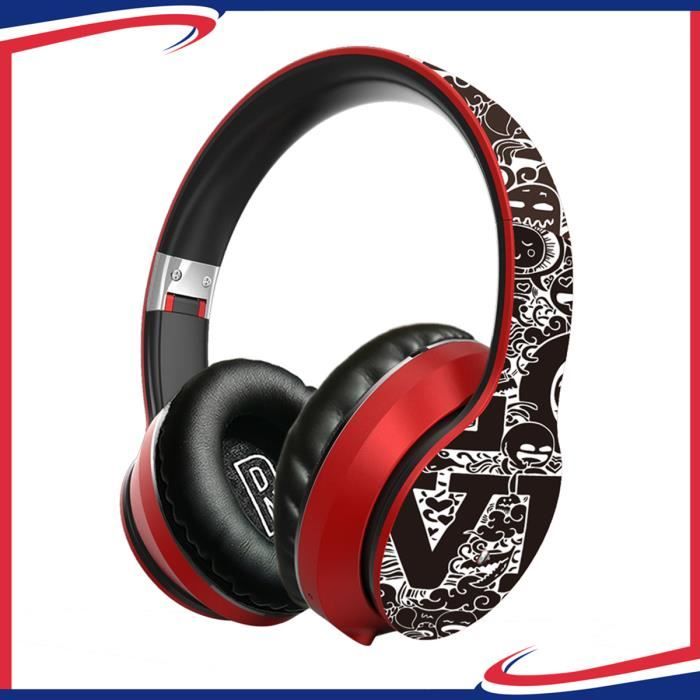 Casque Bluetooth sans Fil Écouteurs Audio Stéréo Hi-FI pour Hommes Femmes Téléphone PC Graffitis Style Tendance Rouge Cadeau de Noël