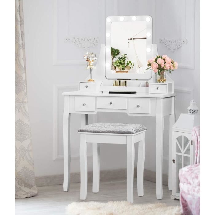 Coiffeuse Table De Maquillage Avec Miroir Ovale Pivotant À 360°, 5