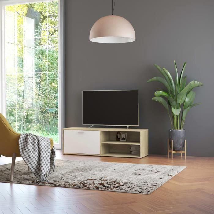 meuble tv blanc et chêne sonoma 120x34x37 cm aggloméré