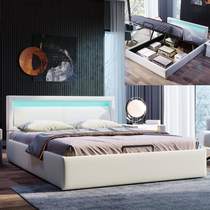lit coffre avec led 140x200cm, lit capitonné avec sommier à lattes et espace de rangement, en simili cuir & bois, blanc