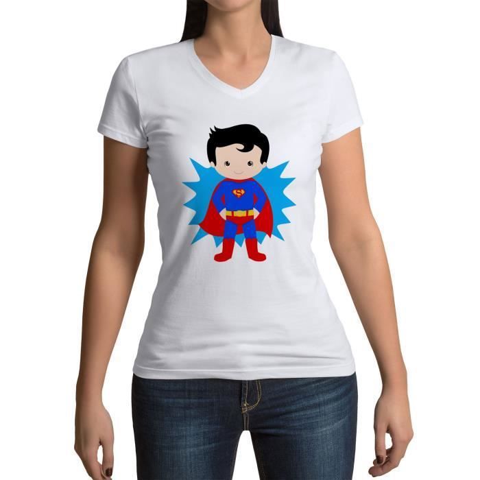 T shirt Femme Col V Superboy Superman Garcon Enfant Dessin Mignon Super Hero