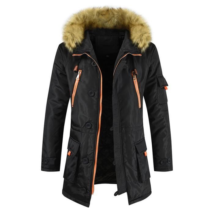 Parka Homme Plus de Velours Parka de Marque Parka Capuche Col en Fausse Fourrure Manches raglan Parka Hommes Noir