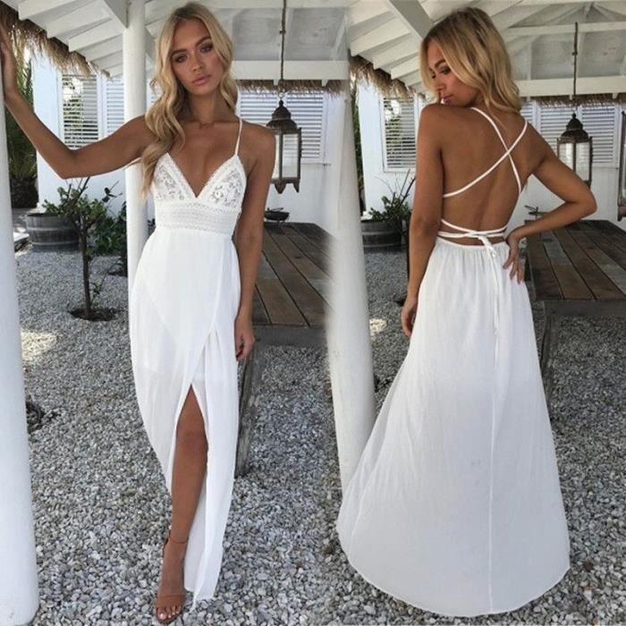Robe Robe d ete en dentelle de style Boho vetement feminin mini a bretelles de couleur blanche avec col en V tenue de Type 8 Blanc Cdiscount Pret a Porter