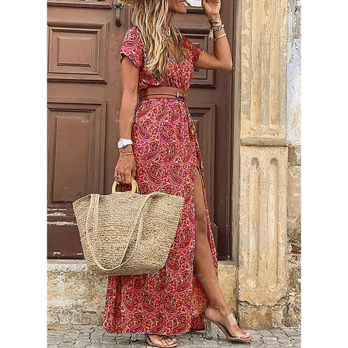 Robe Boheme Femme Dress avec Ceinture Longue Floral Decontractee
