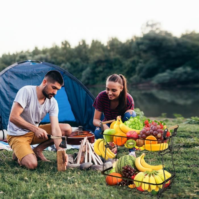 Corbeille à Fruits 2 étages Avec Cintres à Bananes – En Fil Métallique Noir, Rangement Cuisine - 3