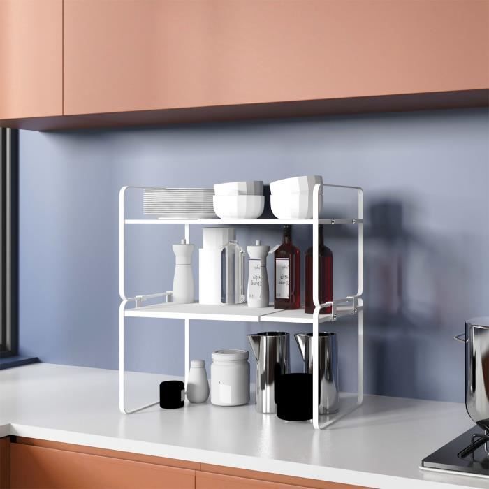 Organisateur D'Étagère Extensible Faokze Blanc - Acier Inoxydable 60x28x26cm - Pour Cuisine Ou Bureau
