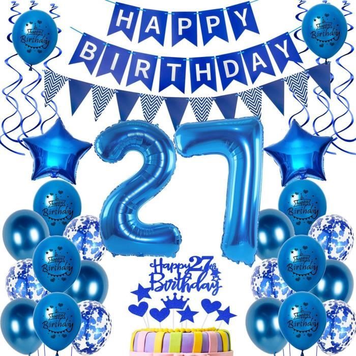 Kit De Ballons D'anniversaire 27 Ans – Thème Bleu Avec Ballon Numérique Géant 81cm – Décoration Complète