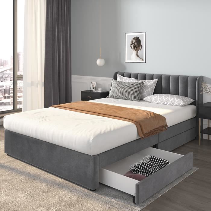 Lit avec tiroirs Lit Tapissé Lit adulte 160 x 200 cm Velours Avec Sommier Dossier 2 Tiroirs Gris Lit avec tiroirs Lit Tapissé Lit adulte 160 x 200 cm Velours Avec Sommier Dossier 2 Tiroirs Gris