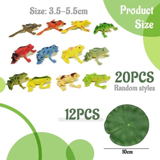 Figurines Grenouille réalistes 12 pièces avec 5 Feuilles de Lotus Miniatures décoration Jardin Maison Anniversaire Jeu éducatif PVC Durable