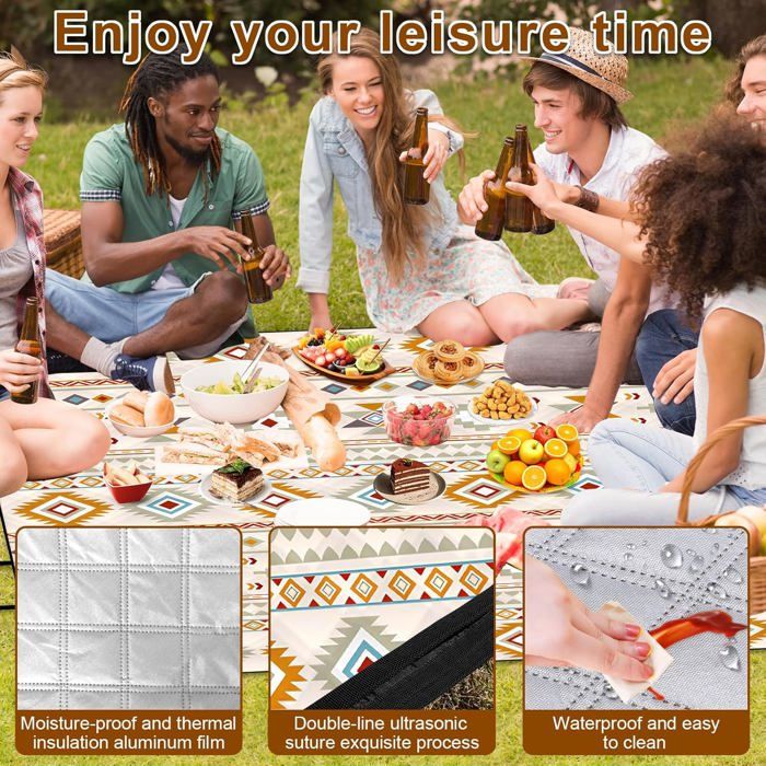 Neloheac Couverture Pique Nique 200x200 Cm, Imperméable & Isolée Couverture De Pique-Nique XXL Pliable, Très Grande Couverture De Camping à La Plage, Randonnée En Plein Air, BBQ(Motif Fleur