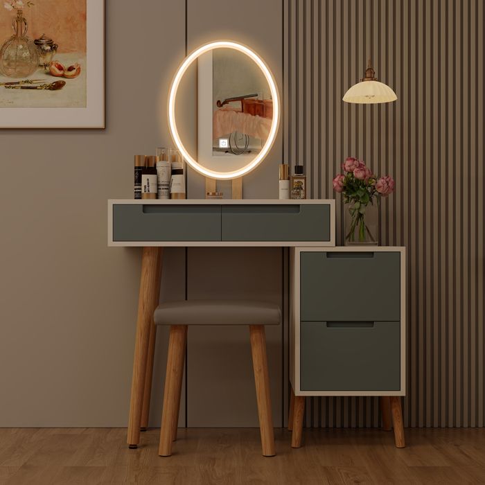 Coiffeuse Avec Miroir LED (3 Couleurs, Intensité Variable) - 5 Tiroirs, Chaise Incluse - Plateau En Marbre UV, Design Anti-chute - Dimensions : 100 Cm, Couleur Gris