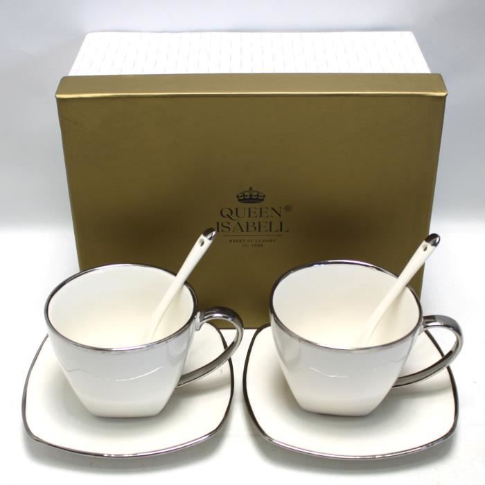 Lot De 2 Tasses à Café Porcelaine 250ml Avec Cuillères - Motif Le Baiser De Klimt
