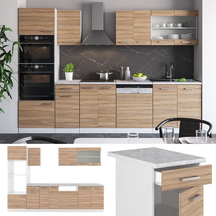 Ligne de cuisine R-Line Chêne doré/blanc 300 cm sans plan de travail Vicco | 406673147146198