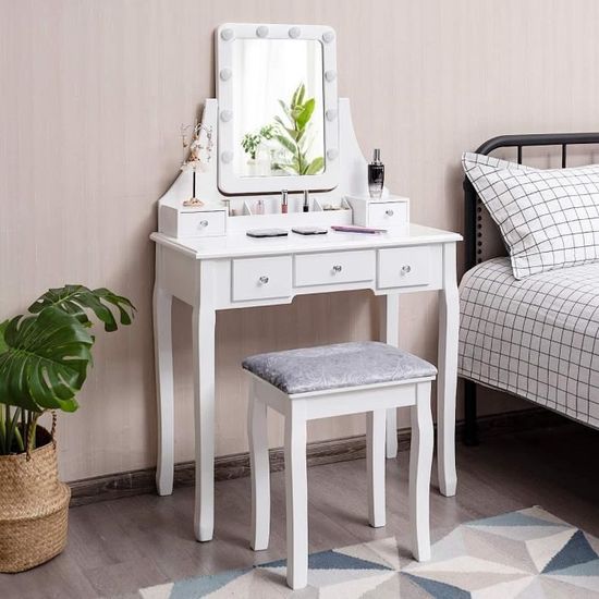 Coiffeuse Enfant Avec Miroir Et Tabouret Coiffeuse Enfant Avec Miroir LED Et Tabouret - Bureau De Maquillage Sécurisé Pour Fille 3 Ans Et Plus - Blanc Chauffeuse Enfant