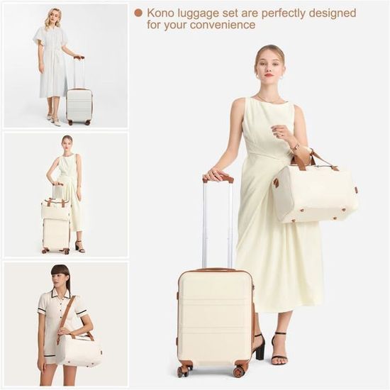 Set Valise Cabine Kono 55cm + Sac Ryanair 40x20x25cm - 4 Roulettes, Serrure TSA - Blanc Crème
