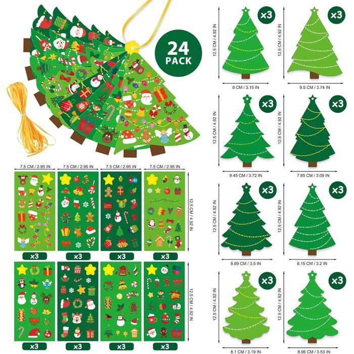 Kit De Noël DIY Pour Enfants - 24 Cartes Sapins + 24 Feuilles Autocollants + 24 Rubans - Activité Manuelle Créative