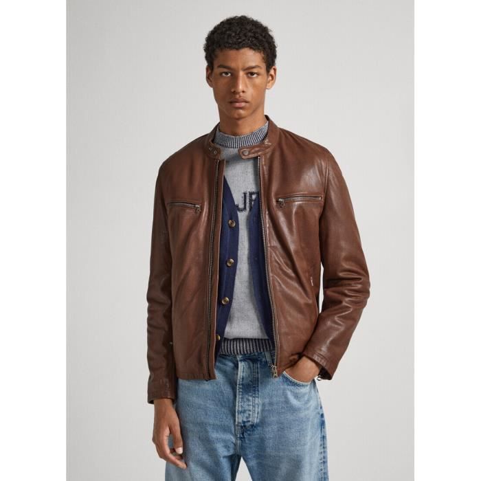 Veste cuir moto Pepe Jeans Berl cognac brown XL Cdiscount Auto