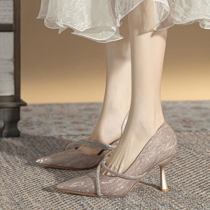 Escarpins Talons hauts creux sur le cote argente brillant Chaussures de soiree a bout pointu Crystal Princess