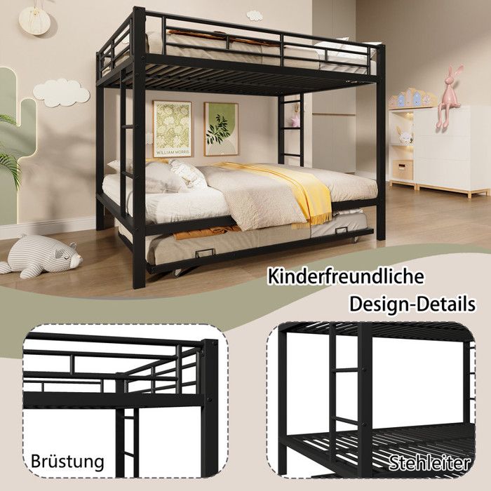 Lit Superposé Métal 90x200 Cm – Transformable En Lits Simples Ou Mezzanine – Avec Barrière De Sécurité – Noir