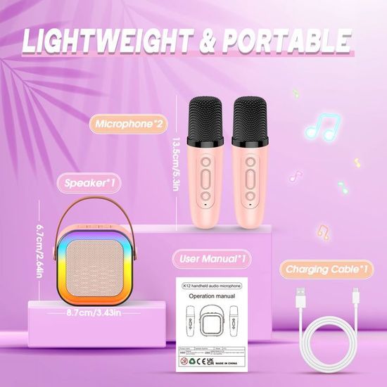 Mini Machine Karaoké Avec 2 Micros Sans Fil - Bluetooth, Lumières LED, Batterie Rechargeable - Pour Enfants Et Fêtes En Famille