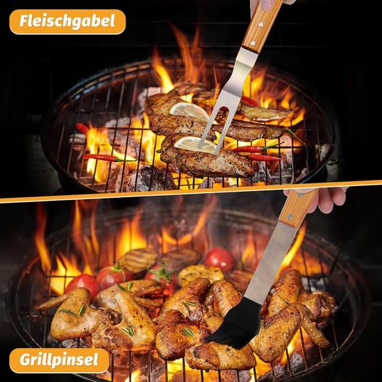 Set De Couverts Barbecue PURPLEBIRD - 5 Pièces Acier Inox Et Bois - Avec Sac De Rangement