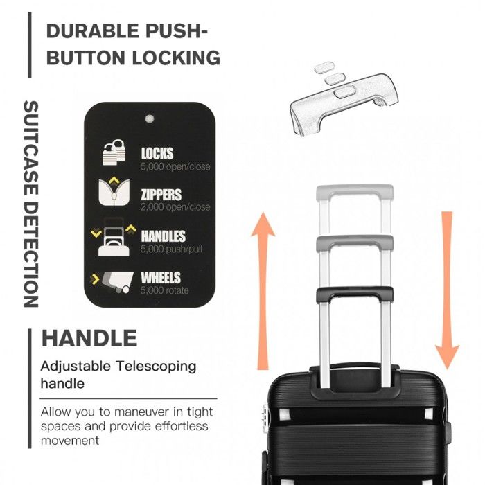 Kono Valise Set 3 Pièces Rigide Polypropylène - 55/65/76 Cm, 4 Roues 360°, Serrure TSA, Noir, Bagages Légers Et Robustes