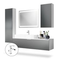 Meuble Salle De Bain Vladon La Costa - Ensemble Suspendu Avec Vasque, Armoire Et Miroir LED, Façades Blanc Brillant, Corps Blanc Mat
