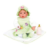 Poupée bébé Catherine - Robe verte avec chapeau et doudou assortis