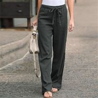 Mode femmes couleur unie ceintures en lin droites pantalons longs décontractés gris