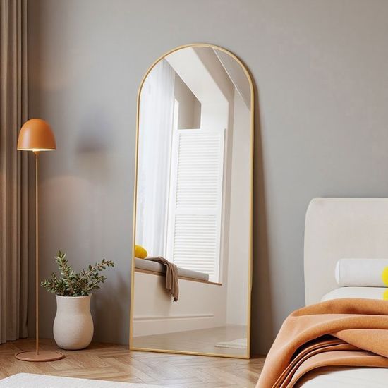 Miroir Sur Pied Doré ECHOLYMTT Miroir Sur Pied 160x50cm, Doré Arché En Verre Trempé, Grand Miroir Mural Ou à Pied XXL Pour Salon Et Chambre Miroir Mural Doré