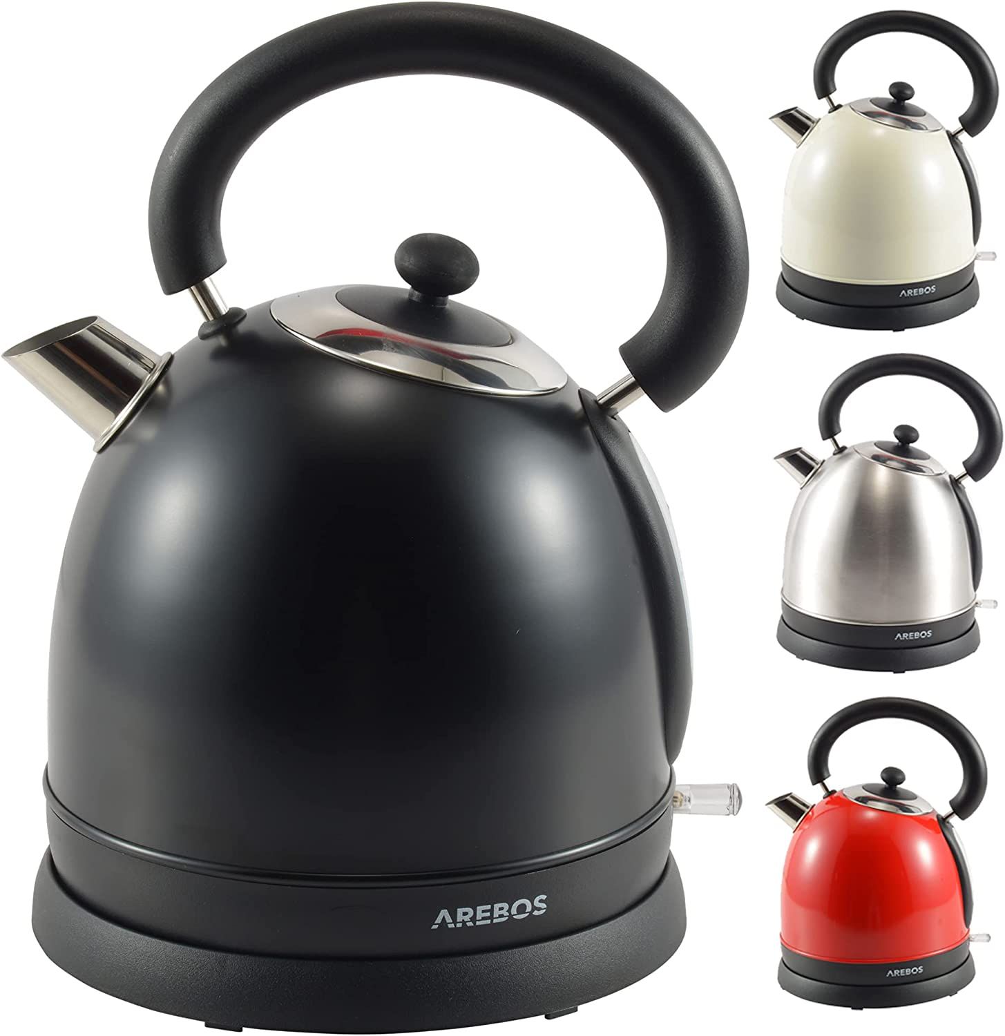 AREBOS Bouilloire à Eau à Thé Acier Inoxydable Design Rétro 1,8L 3000W Noir