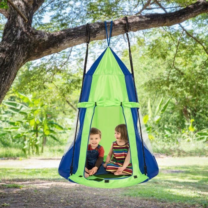 COSTWAY Balançoire Nid avec Tente Ø100CM-Charge Max.150KG-Longueur Réglable(100-160CM) pour Enfant et Adulte en Tissu Oxford Vert